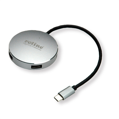Hub USB 3.2 Gen.1 Typ C, 4 Port, 4x USB A Port, okrúhly, USB micro napájanie, 14cm, sivá a čierna