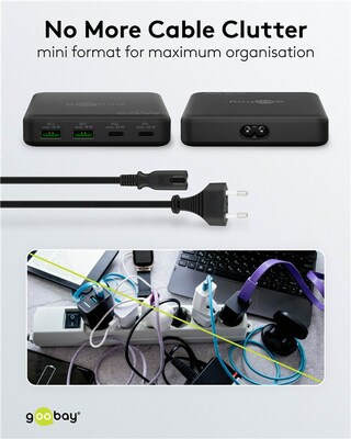 Nabíjačka USB 230V 4port, 2xUSB A, 2xUSB Typ C, 65W, PD, QC 3.0, kábel (C7) 1.5m, GaN, čierna