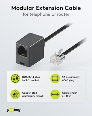 Kábel telefónny RJ11/RJ11, 10m, M/F predlžovací, čierny