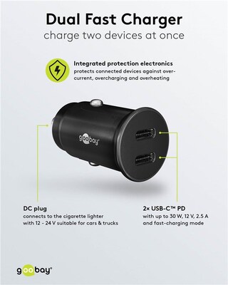 Nabíjačka USB do auta 2port, 2xUSB Typ C, 30W, Power Delivery, Fast Charge, Mini, čierna