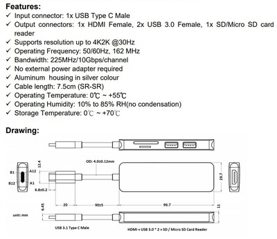 Dokovacia Stanica USB 3.1 Typ C, 4K HDMI, 2x USB 3.0, 1x SD, strieborná