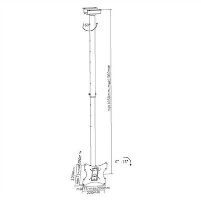 Držiak pre monitor / TV 23-42", stropný, max 50kg, dĺžka 90-150cm, VESA 75/100/200, čierny