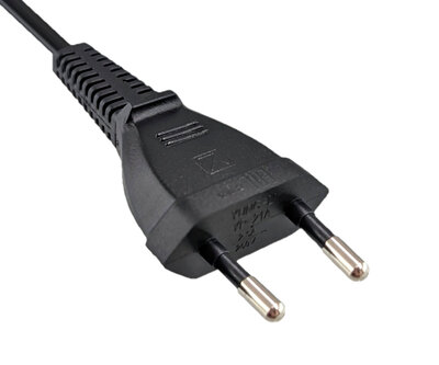 Kábel sieťový 230V, 2pin vidlica (CEE7/16) priama - C7 (2pin) zahnutý, 2m, 0.75mm², 2.5A, čierny