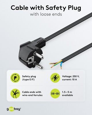 Kábel sieťový 230V, vidlica (CEE7/7) lomená - dutinky, 3m, 1.00mm², 16A, surový, čierny