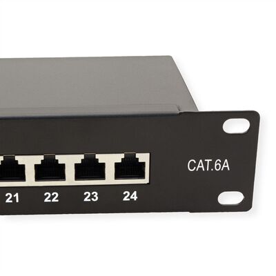 19" Patch panel 24port cat.6a, tienený s uzemnením, celokovový, 1U, čierny