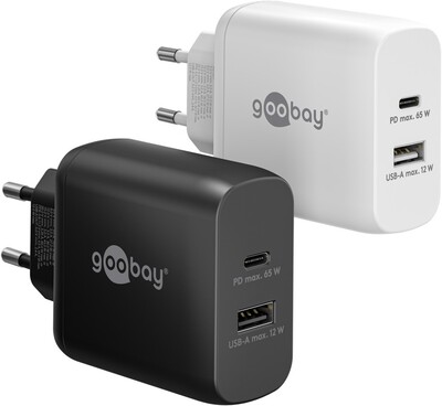 Nabíjačka USB 230V 2port, 1xUSB A 2.0, 1xUSB C (Power Delivery), 65W, GaN, čierna
