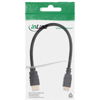 Kábel HDMI/HDMI mini M/M 0.3m, High Speed+Eth, 4K@30Hz, HDMI 1.4, G pozl. konektor, čierny