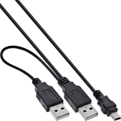 Kábel USB 2.0 Y 2xA/MINI-B 5pin M/M 1m, High Speed, čierny, Extra napájanie
