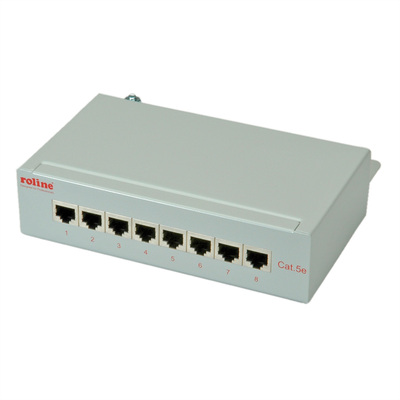 Patch panel 8port cat.5e, tienený s uzemnením, celokovový, montáž na stenu, 1U, sivý