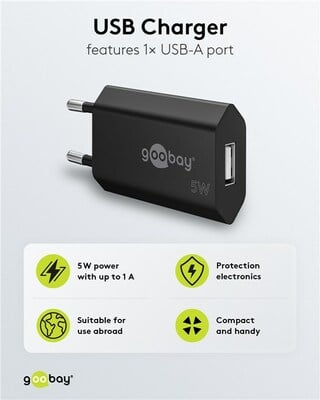 Nabíjačka USB 230V 1port, 1xUSB A, 1A, 5W, SLIM, čierna