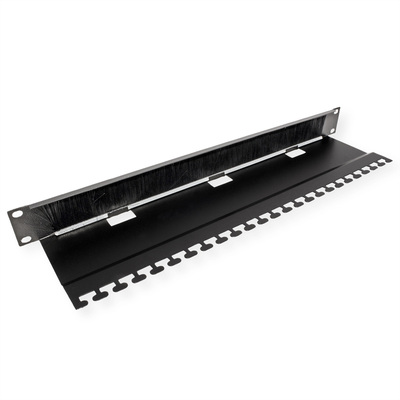 19" Panel vyväzovací, organizér, prechodka s kefkami a podperou, 1U, kovový, čierny