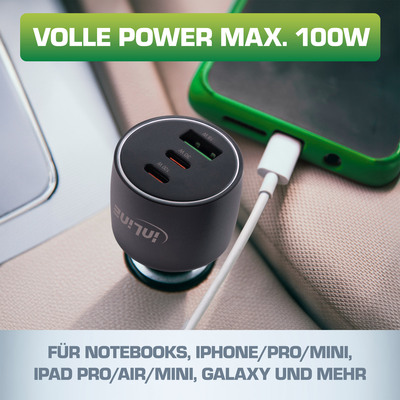 Nabíjačka USB do auta Power Delivery, 2xUSB C + QC USB A, max 5A 100W, čierna
