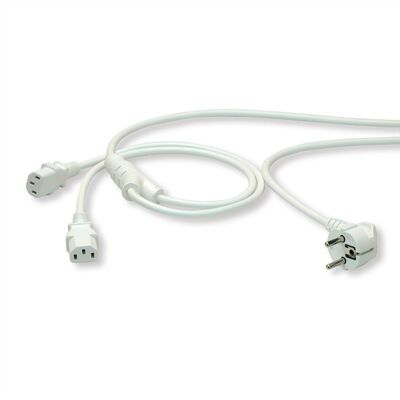 Kábel sieťový 230V, vidlica (CEE7/7) lomená - 2x C13, 2m, 1.00mm², Y-Kábel, biely