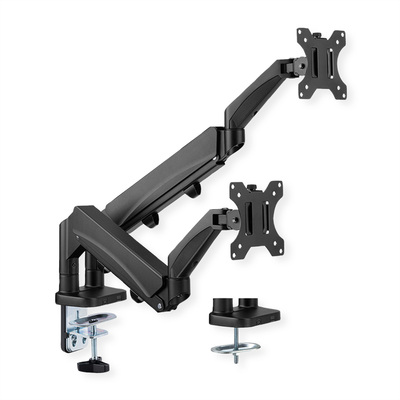 Držiak pre 2x monitor na stôl, úchyt o dosku, pneumatický, max 9kg, rameno 522mm VESA 75/100 čierny