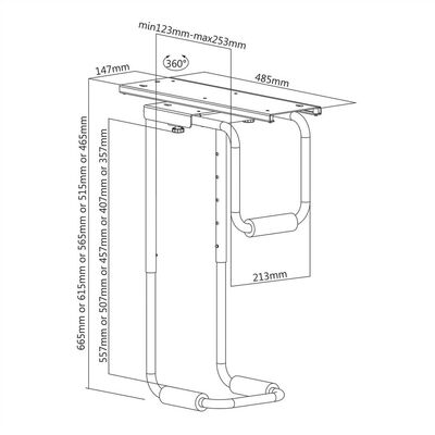 Držiak PC pod dosku stola, max 30kg pre PC široké 123-253mm, výška 357-557mm, otočný, čierny/sivý