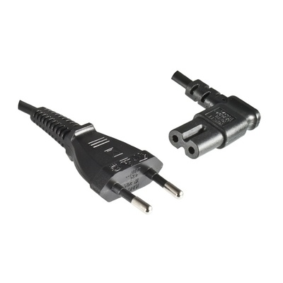 Kábel sieťový 230V, 2pin vidlica (CEE7/16) priama - C7 (2pin) zahnutý, 2m, 0.75mm², 2.5A, čierny