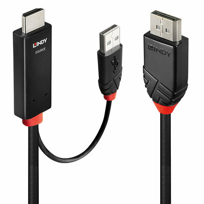 Kábel HDMI na DisplayPort M/M 1m, jednosmerný, 4K@60Hz, 21.6Gbit/s, USB napájanie, čierny, Aktívny