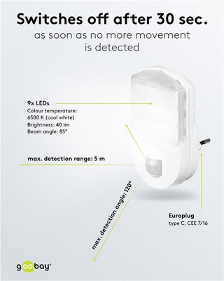 Svetlo so senzorom, do zásuvky 1.1W/67lm (IP20), detekcia: 120°, 9m dosah, studená biela