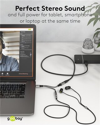 Adaptér USB 3.1 Typ C / 3.5mm (slúchadlá) + USB Typ C (PD 60W), 15cm, sivý/čierny