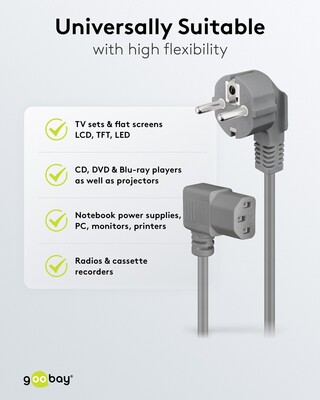 Kábel sieťový 230V, vidlica (CEE7/7) lomená - C13 zahnutý (doprava), 2m, 0.75mm², 10A, sivý