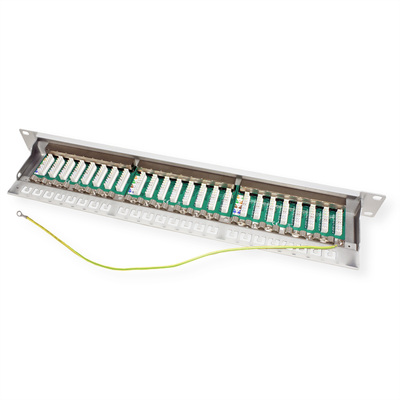 19" Patch panel 24port cat.6a, tienený s uzemnením, celokovový, 1U, sivý