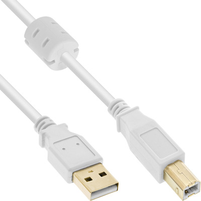 Kábel USB 2.0 A-B M/M 5m, High Speed, biely, pozl. konektor, s feritom