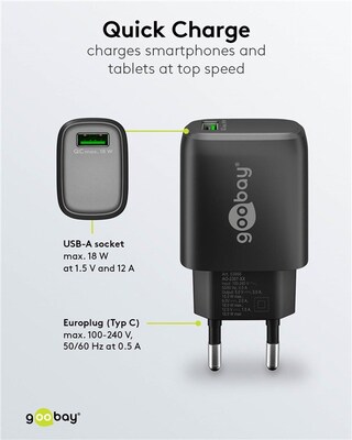 Nabíjačka USB 230V 1 port, 1xUSB A QC 3.0, 18W, čierna