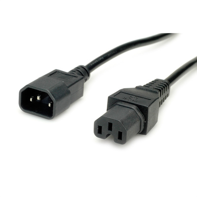 Kábel sieťový 230V predlžovací, C14 - C15, 1m, 1.00mm², 10A, čierny