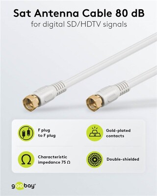 Kábel satelitný, koax F-konektor M/M 3.5m, 75 Ohm, 80dB, 2x tienený, CCS, biely, pozl. konektor