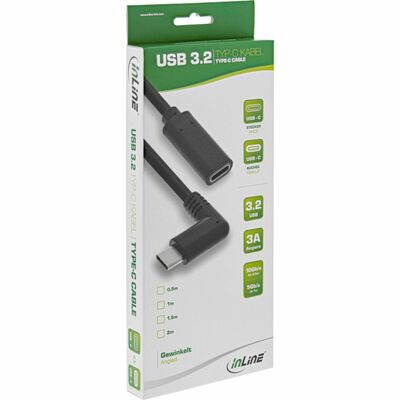 Kábel USB 3.1 Typ C CM/CF 1m, Super Speed (Power Delivery 20V3A), čierny, predlžovací, uhlový 90°