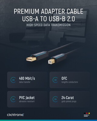 Kábel USB 2.0 A-B M/M 3m, High Speed, modrý, ClickTronic, pozl. konektor