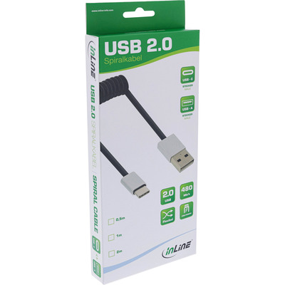 Kábel USB 2.0 AM/CM Typ C 1m, High Speed, špirála, kovové krytky, čierny