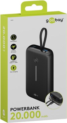 Power Bank 20000mAh, QC 3.0, LED display, zabudovaný kábel USB Typ C 0.13m, 12x7x3cm, čierna