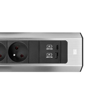 CASIA2 2xUTE 230V, USB nabíjačka, 2m kábel 1.5mm², vidlica CEE7/7, Hliník, nerezová farba