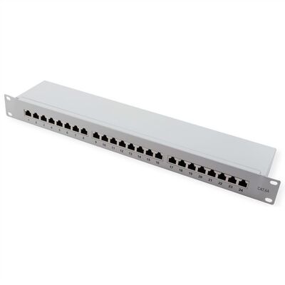 19" Patch panel 24port cat.6a, tienený s uzemnením, celokovový, 1U, sivý