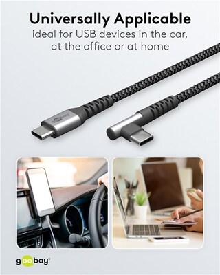 Kábel USB 2.0 Typ C CM/CM 1m, High Speed, Power Delivery 60w 20V3A, čierny/sivý, zahnutý 90°