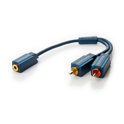 Kábel 3,5mm stereo/2xCinch F/M 0.1m, modrý, pozl. konektor, ClickTronic