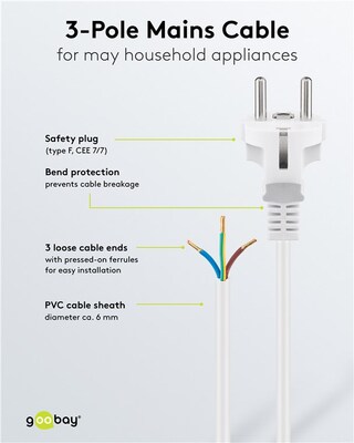Kábel sieťový 230V, vidlica (CEE7/7) priama - dutinky, 1.5m, 0.75mm², 16A, surový, biely
