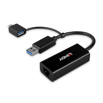 Adaptér USB 3.0 na RJ45 (Gigabit Ethernet), 10cm, čierny, s adaptérom na USB Typ C