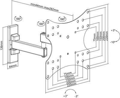 Držiak pre monitor / TV na stenu, max 15kg, rameno 282mm, VESA 75/100/200, čierny