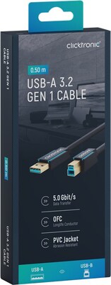 Kábel USB 3.2 Gen 1, A-B M/M 0.5m, 5Gbps, modrý, ClickTronic, pozl. konektor
