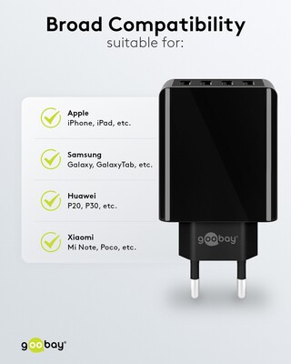 Nabíjačka USB 230V 4port, 4xUSB A, 3A, 30W, čierna