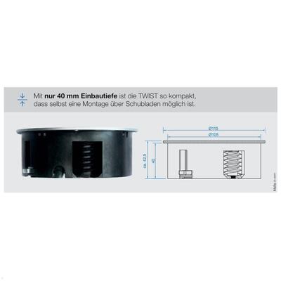 TWIST2 SQUARE 1xUTE 230V, nabíjačka (USB A + USB C), 2m kábel 1.5mm², vidlica CEE7/7, striebornosivá