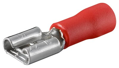 Plochý nasúvací konektor FASTON samica, 6.4mm/0.8mm, 10A, izolovaný, červený, 100ks/bal