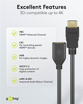 Kábel HDMI M/F 1m, Ultra High Speed+Eth, 4K@60Hz, HDMI 2.0, 18G, G pozl. kon., čierny