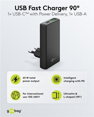 Nabíjačka USB 230V 2port, 1xUSB A, 1x USB Typ C, 65W, Power Delivery, Quick Charge 3.0, plochá, čier