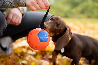Lopta "futbalová" s priemerom 12cm, s uškom, ekokoža, oranžová/modrá