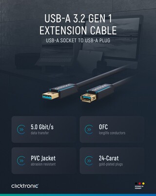 Kábel USB 3.2 Gen 1, A-A M/F 3m, 5Gbps, predlžovací, modrý, ClickTronic, pozl. konektor