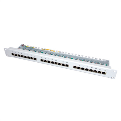 19" Patch panel 24port cat.5e, tienený s uzemnením, celokovový, 1U, sivý