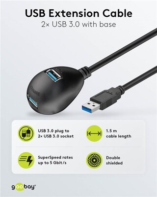 Kábel USB 3.2 Gen 1, A-A M/2xF 1.5m, 5Gbps, predlžovací, čierny, Y-kábel, ťažítko